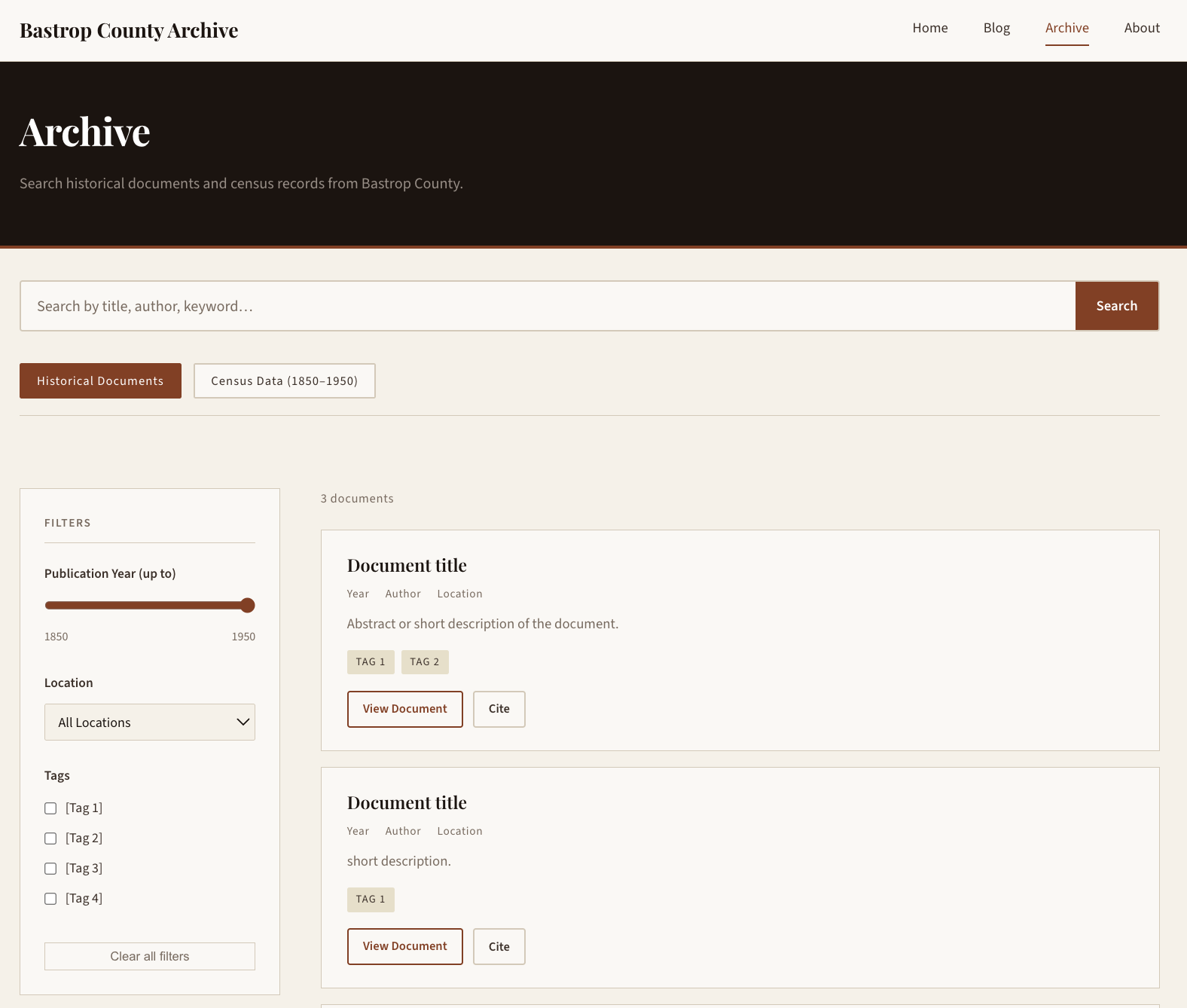 The archive's search page: filter sidebar on the left and result cards on the right