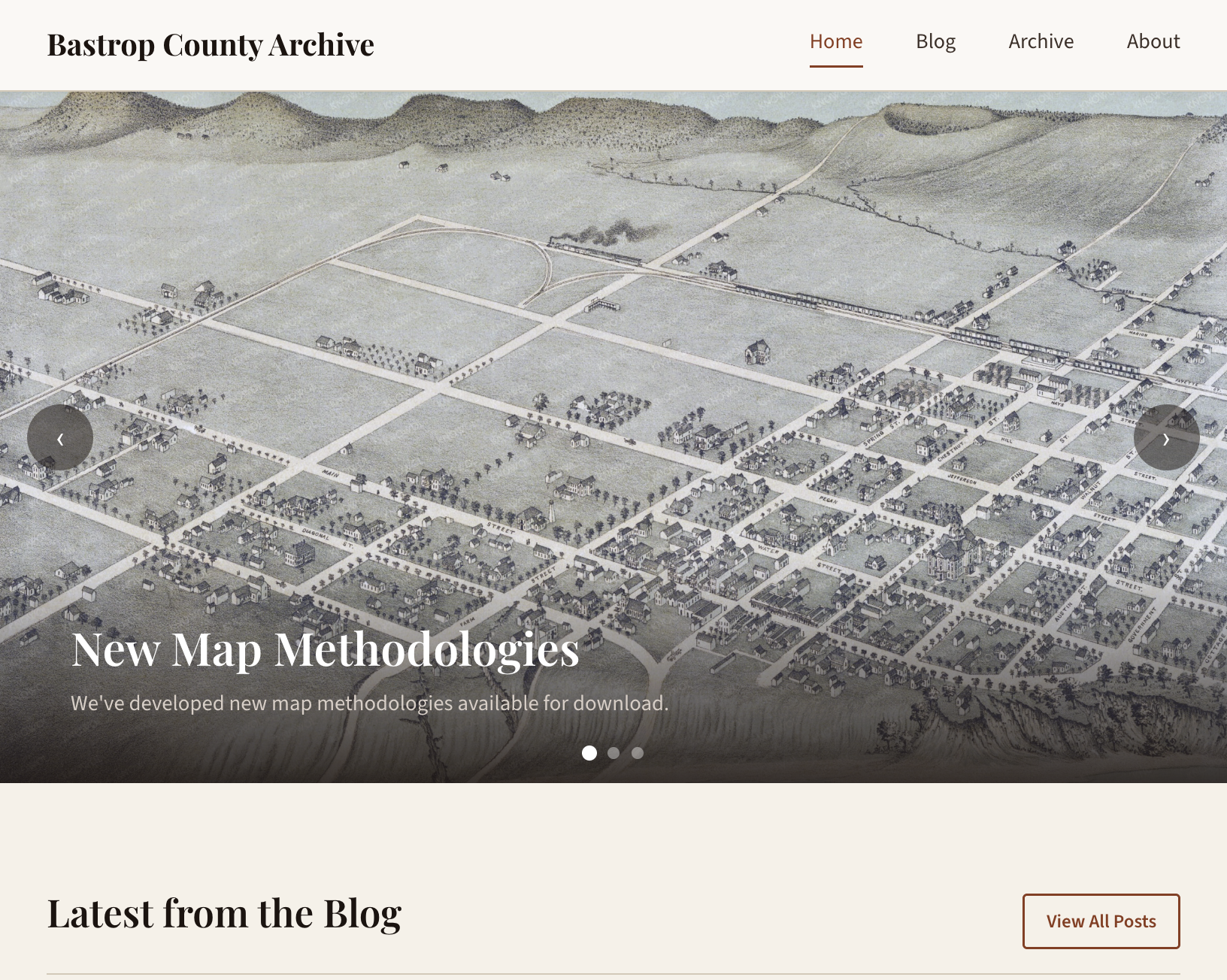 Bastrop County Archive homepage with a historic bird's-eye map of Bastrop and a 'New Map Methodologies' banner