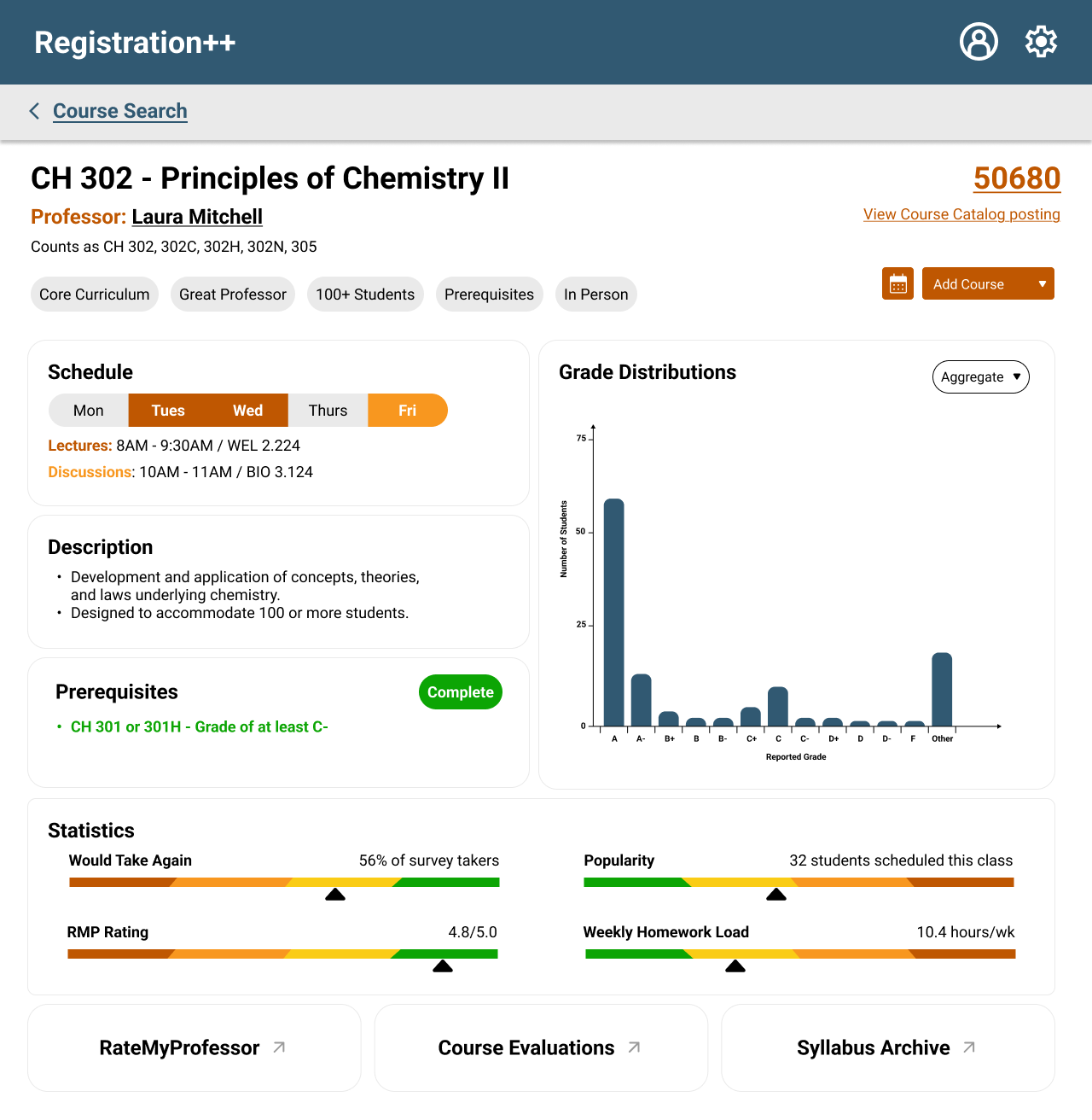 Course details page for CH 302 in the Registration++ prototype