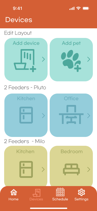 Devices screen with feeders grouped by room